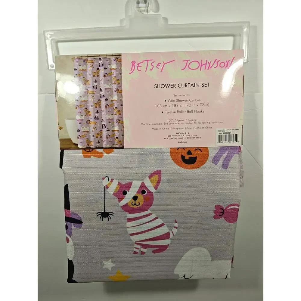 Betsey Johnson Halloween Shower Curtain 12 Hook Set Dogs Pumpkin 72”x 72” NEW